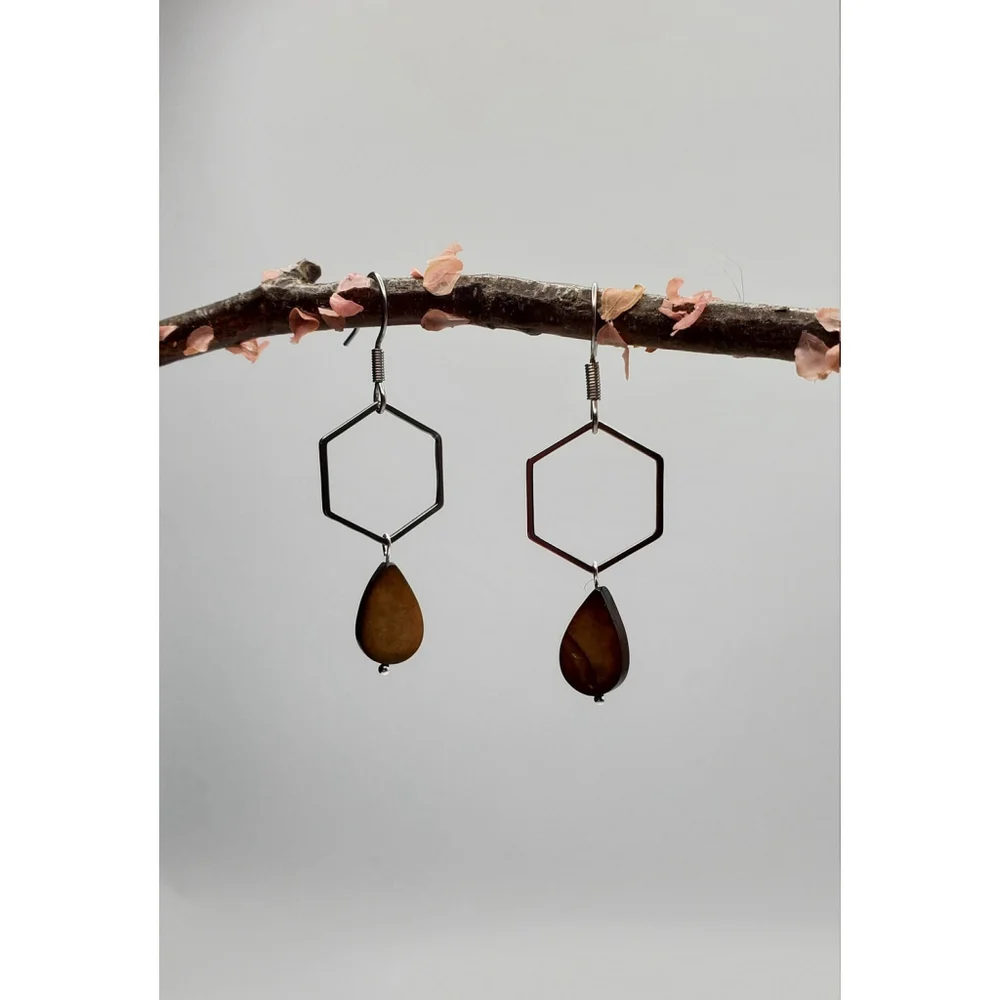 Modern Hexagon Earrings Brown Teardrop Shell Anti-Tarnish Stainless Steel Hooks
